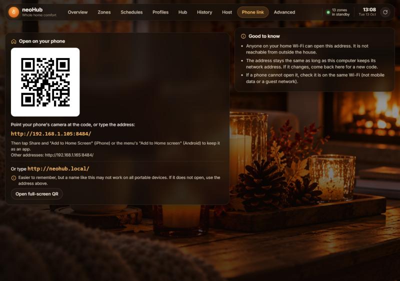 Phone link screen with the QR code, the address, the neohub.local alternative and tips